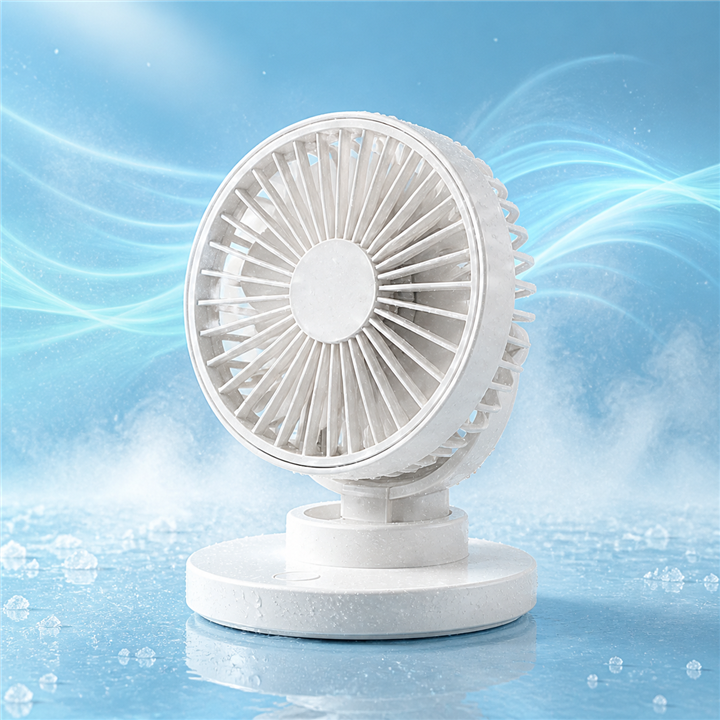 Compact desk fan with icy cooling airflow