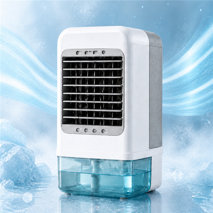 Portable evaporative air cooler with icy cooling airflow