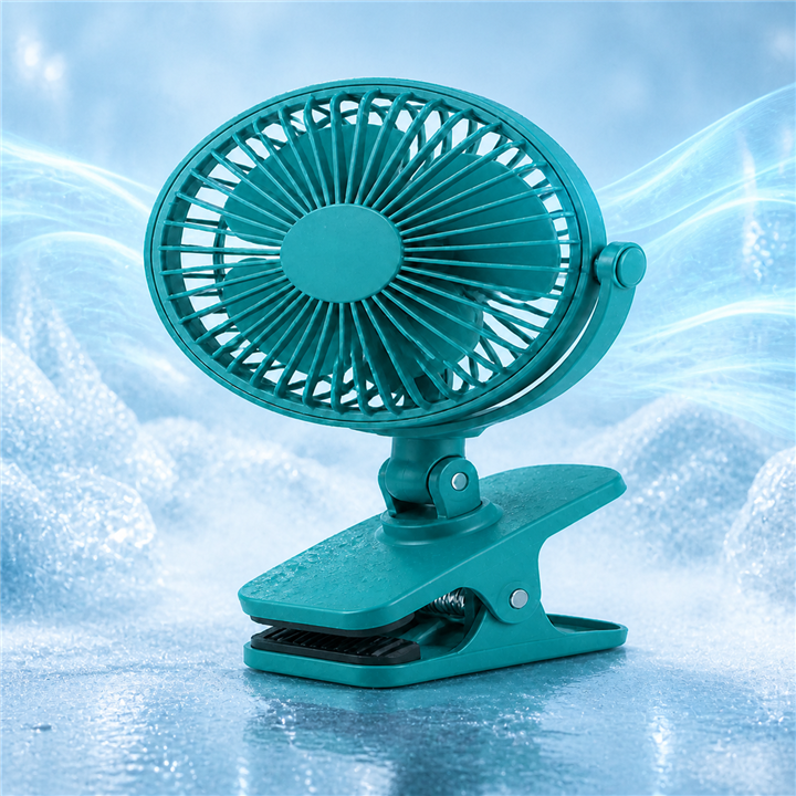 Teal clip-on fan with icy cooling airflow